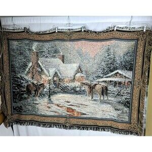 Thomas Kinkade Blanket Throw 66 x 44 in Horses Snow Winter Cottage House Fringe